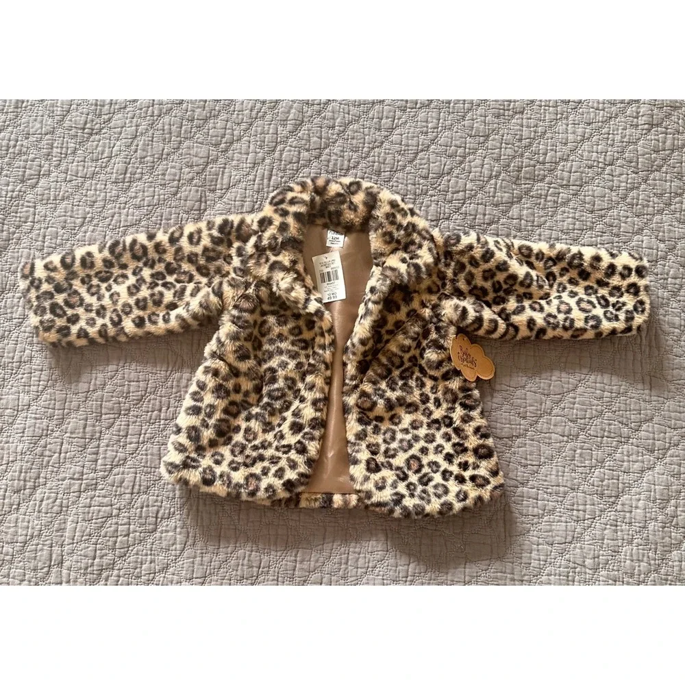 Baby Essentials Leopard Faux Fur Jacket Brown Tan Animal Print 12M‎ NWT